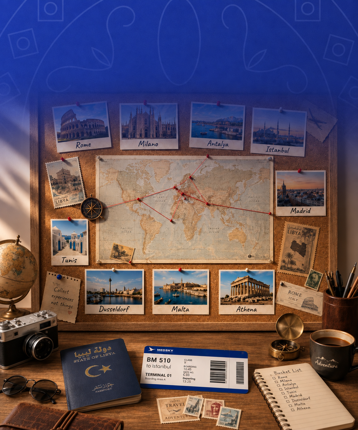 Travel planning board with a world map and destination photographs