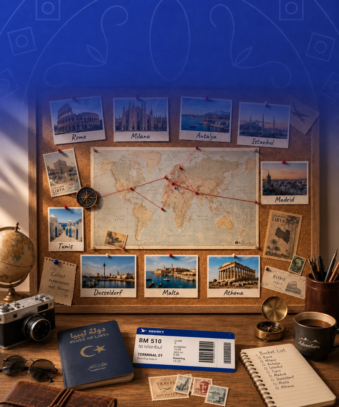 Travel planning board with a world map and destination photographs